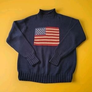 Vintage 90s Ralph Lauren Turtleneck USA Flag Sweater Cable Knit Mens Large RARE